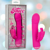 The CalExotics Thicc Chubby Rotating Butterfly, a pink silicone vibrator with a butterfly clitoral stimulator, is shown by its packaging that highlights 10 speeds, water resistance, USB charging, and rotating motion.